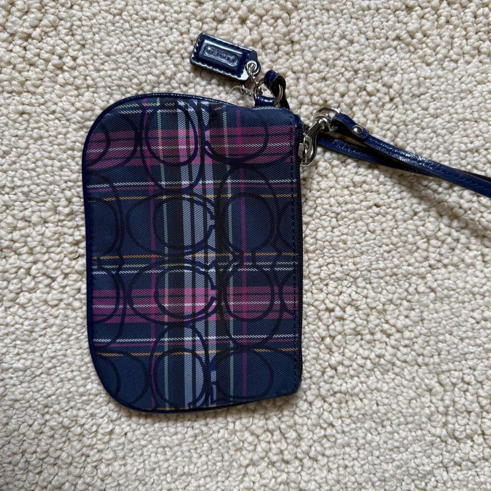 Coach Navy & Pink Plaid Zip Wristlet Card Case